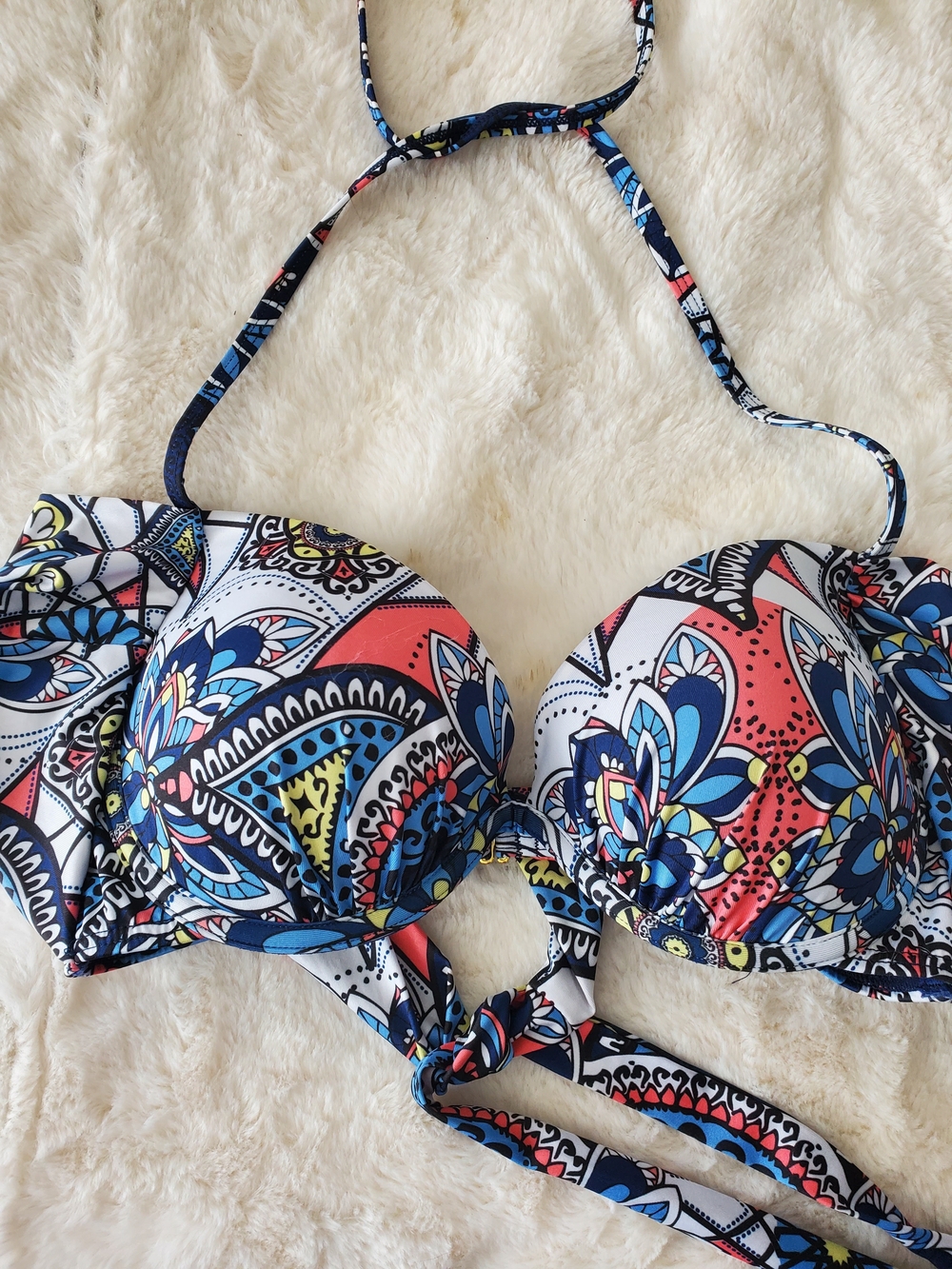 La Vie En Rose Paosley Navy Halter Bikini Top with Multicolor Trim Size M